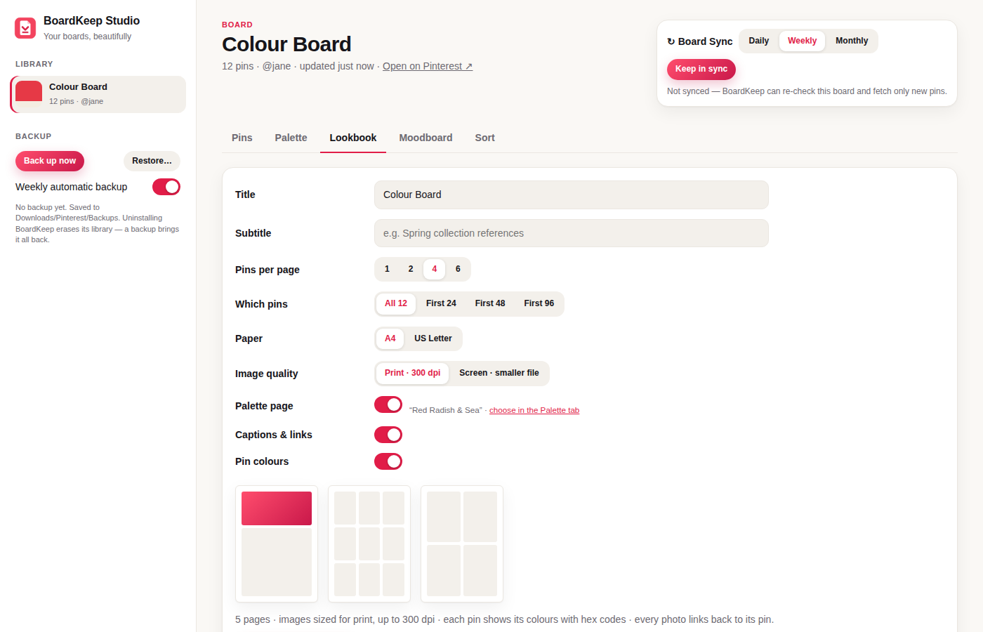 Lookbook settings in BoardKeep Studio: pins per page, paper size, print quality, palette page and captions